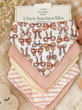 Modern Baby Bandana Bibs 5 Pack Bow Neutral Pink Drool Bib Set
